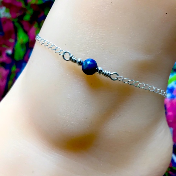 Lapis Lazuli Sterling Silver Ankle Bracelet- Lapis Lazuli Anklet - Picture 2 of 4